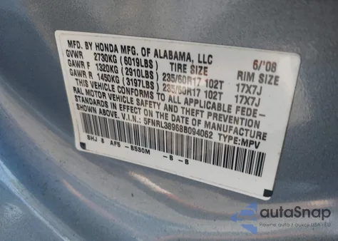 2008 Honda Odyssey Touring from USA, damaged, VIN 5FNRL38968B094062